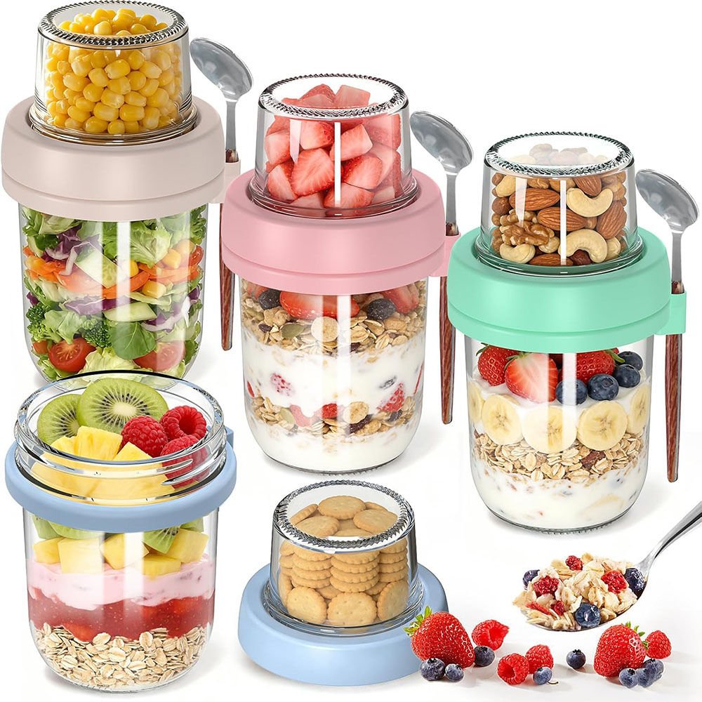 Meal Prep Oatmeal Jars - Overnight-Oats-Behälter mit Deckeln und Löffeln, doppelwandige